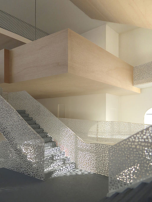 forthcoming Queens Library by Steven Holl Architects, at Center Boulevard and 48th Avenue in Hunters Point of NYC's Long Island City (interior)