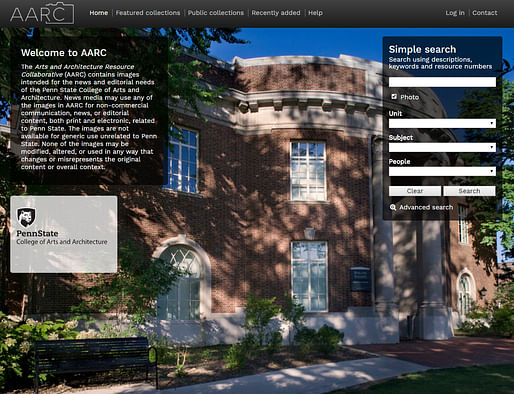 Landing page of Penn State's new Arts and Architecture Resource Collaborative (AARC)