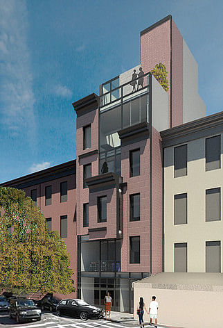 The row house facade is torn away to reveal a glass storefront space. 