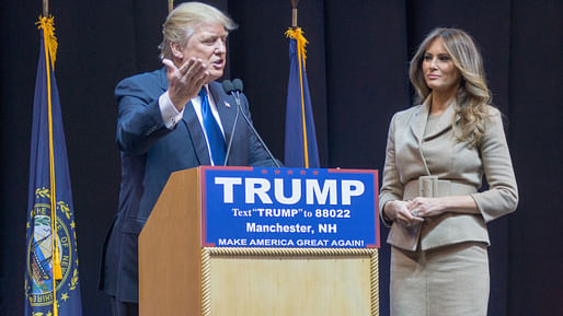 Melania Trump stands beside her husband at a campaign event in Manchester, New Hampshire. Photo by Mark Nozell via flickr.