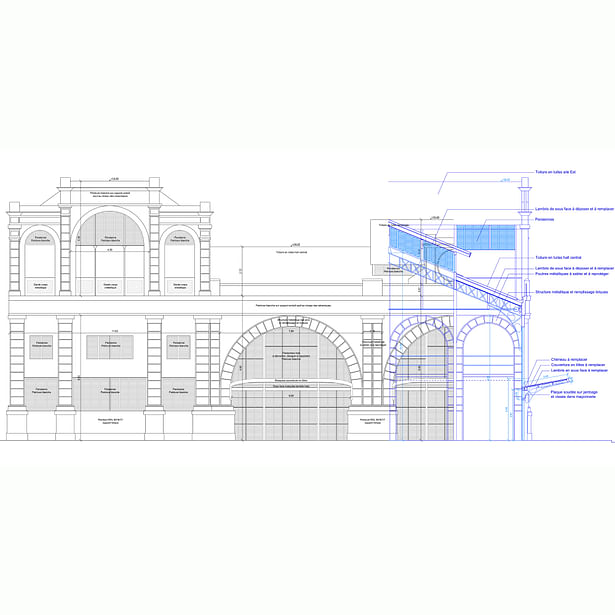 Plan and section of the existing building and details