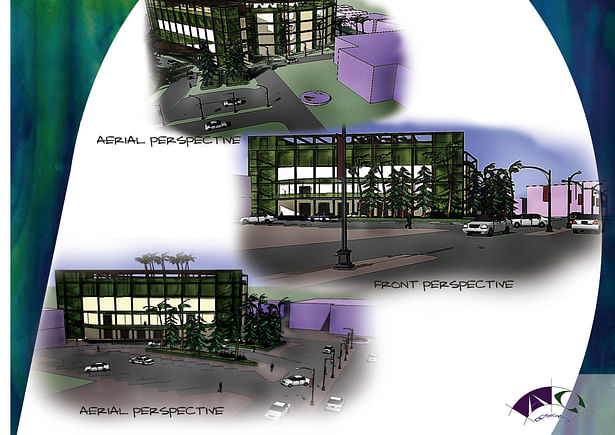Aerial perspectives and front perspective; rendered in Sketchup and edited in Photoshop