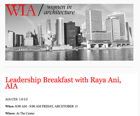  Tomorrow in New York... Leadership Breakfast with Raya Ani, AIA AIA CES: 1.0 LU When: 8:00 AM - 9:00 AM FRIDAY, ARCHTOBER 13 Where: At The Center #centerforArchitecture #AIANewYork #AIANY Women in Architecture #womeninArchitecture #rayaani #rawnycarchitects Please join the AIANY Women in Architecture Committee for a conversation with Raya Ani, AIA. to rsvp: https://aiany.secure.force.com/pmtx/evt__QuickEvent…