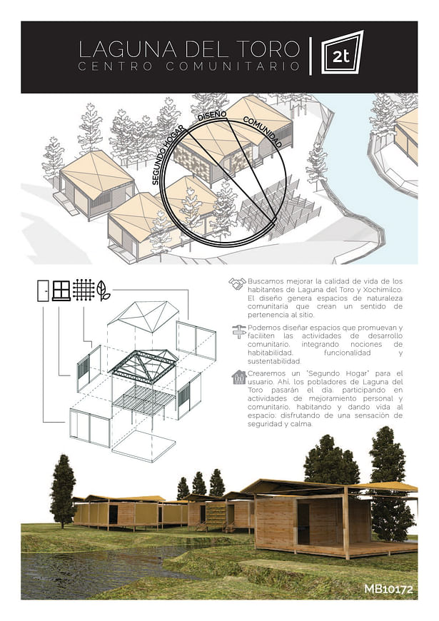 Community: We seek to improve quality of life for the residents of Laguna del Toro & Xochimilco. The design generates community spaces that give its people a sense of belonging. Design: We can design spaces that promote and habilitate community development activities by integrating notions of habitability, functionality, and sustainability. Second Home: We will create a 'Second Home' (2DO TECHO) for the user. There, residents of Laguna del Toro con spend their day participating in activities...