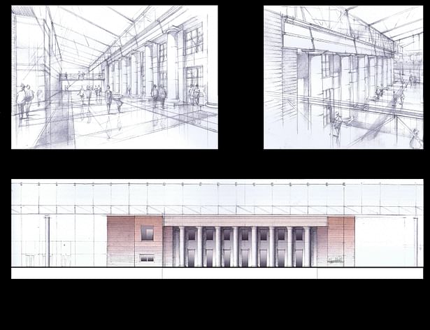 Interior of the Lobby from the Entrance and from the Bridge, Section/ Interior Elevation of the Lobby