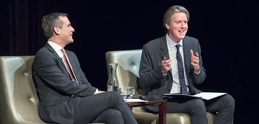 Christopher Hawthorne and Los Angeles Mayor Eric Garcetti discussed ways to make the city a more pleasant place to live and work in Oxy's Keck Theater on February 13, 2014.