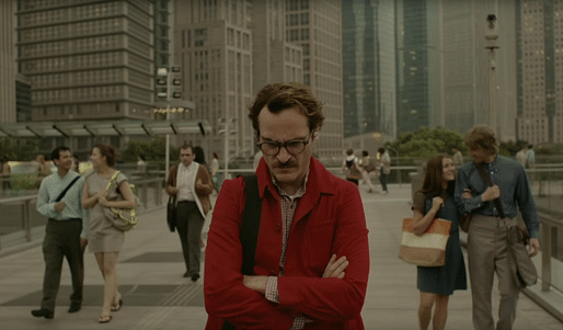 Joaquin Phoenix walks through a future Los Angeles, gloomy in spite of the lack of cars and efficient public transport. Image from 'Her'