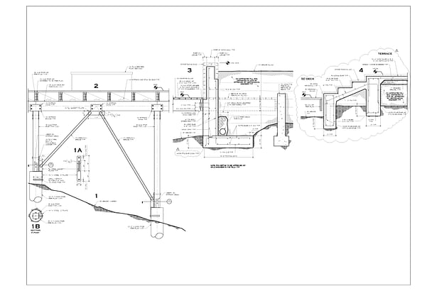 Details at the new steel braced frame supporting the wood deck, new retaining wall, plus concrete stair details 