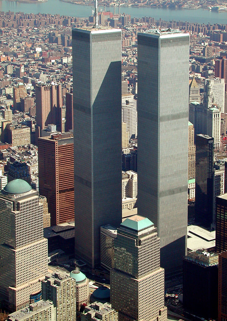 The World Trade Center skyscrapers in March 2001, via wikipedia.