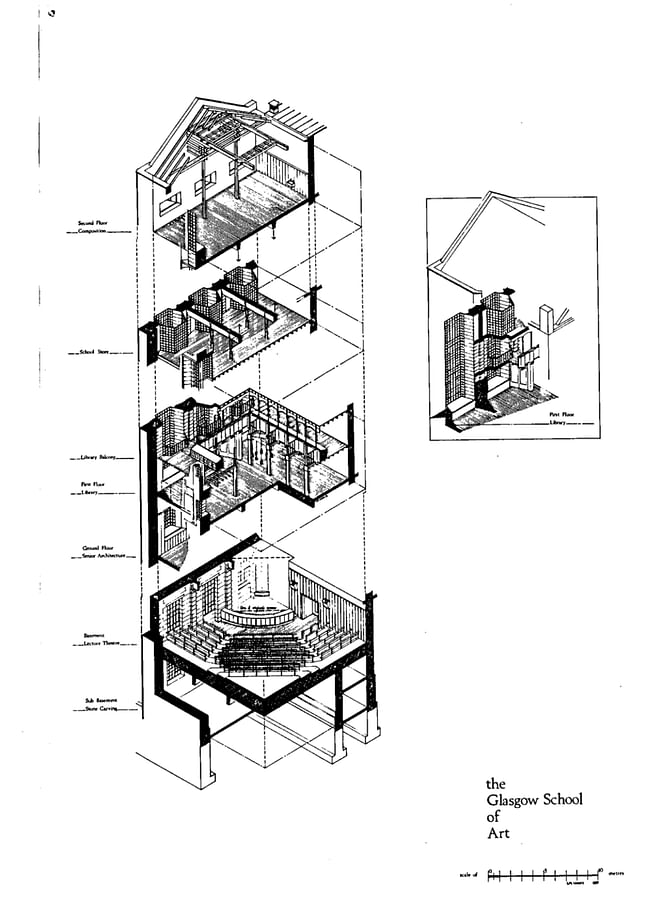 George Cairns' detailed architectural drawing of the west wing of Mackintosh Building.