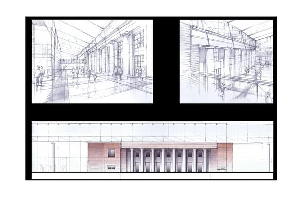 Interior of the Lobby from the Entrance and from the Bridge, Section/ Interior Elevation of the Lobby