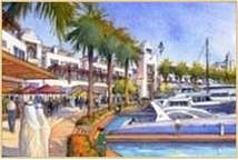View of Yacht Basin and Retail Promenade - Watercolor