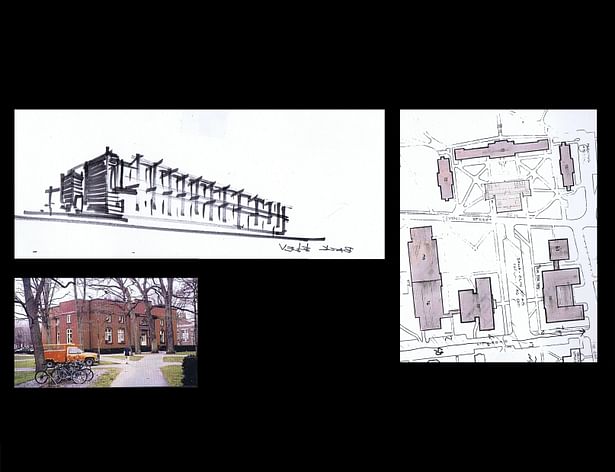 Initial sketch of the new part of the building attached to the back side of exist. bldg., Site Plan, and photo of the existing building