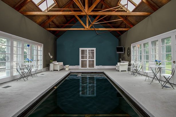 PhotoShopped new color selection that highlight's architect's intention of separate spaces over existing photo of the pool room.