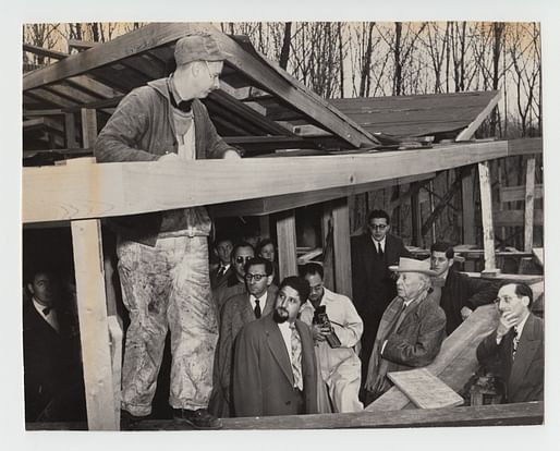 Frank Lloyd Wright and Kaneji Domoto at Usonia construction site, 1949, gelatin silver print. Photo: Pedro Guerrero.