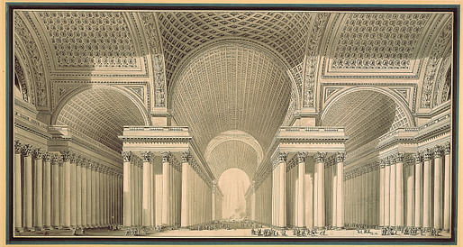 Etienne Louis Boullee, 1782, Project for a metropolitan cathedral in the form of a Greek cross with a domed centre.