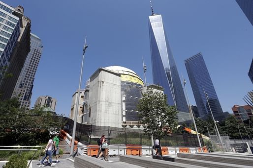 Work has currently been halted at the Santiago Calatrava-designed St. Nicholas National Shrine construction site in Lower Manhattan. Image via the Archdiocese's website.