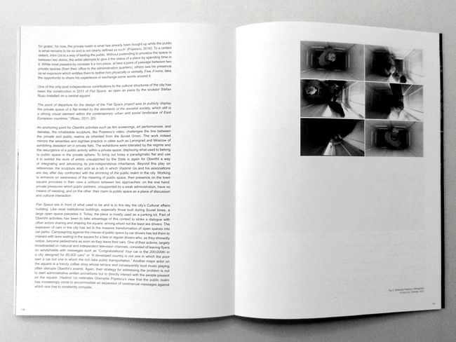 Pages 118-119. Sandra Parvu’s article The Potential of Weak Urbanism. Ghenadie Popescu’s videograms of his public space intervention Intre Usi.