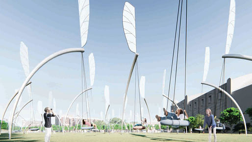 “Swings”. TEAM: Lu Chao, Weng Shenxia. ENERGY TECHNOLOGIES: thin-film photovoltaic, kinetic wind harvesting (with human assist). ANNUAL CAPACITY: 1,200 MWh. A submission to the 2018 Land Art Generator design competition for Melbourne.