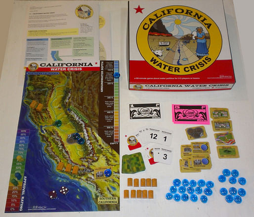 The California Water Crisis board game by Alfred Twu: "Cities and farms both need water, and you're stuck with hard choices." (Image via thegamecrafter.com)