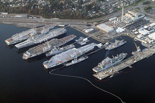 Puget Sound Naval Shipyard + Intermediate Maintenance Facility in Bremerton, WA in 2012. Visible are the aircraft carriers Independence, Kitty Hawk, Constellation, and Ranger -- with the latter two already being scrapped. Photo: Jelson25 via Wikipedia.