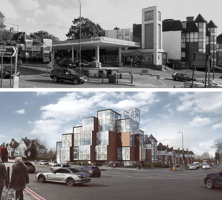 Tower Station, which has received planning permission, is a pixelated residential building replacing a derelict petrol station, on Finchley Road in London. 