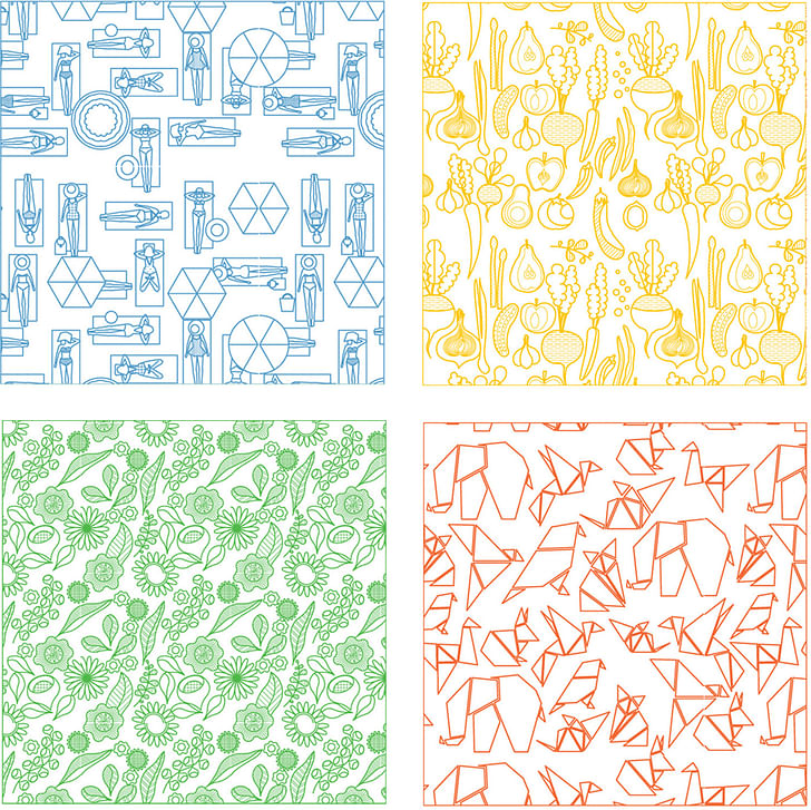 ECO-MONOPOLY abstract patterns for public areas (clockwise from top left): Golden Beach, Farmers Market, Zoo, Botanical Garden. Image: Jia Ma.