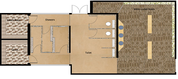This lockerroom detail contains a changing area, full bathroom with ADA showers and a sauna and steam room.