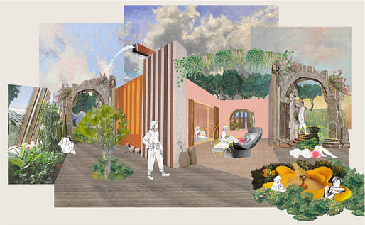 “Care Receiver Experiential Collage” by Valeska Abarca, Nathaly Castillo, and Mauricio Guidos, students of The Spitzer School of Architecture at The City College of New York studio “National Care: Abortion Access, Reproductive Justice on Federal Land,” taught by Lindsay Harkema, 2022.
