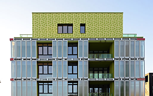 The bio-reactive facade of Arup's SolarLeaf house in Hamburg generates renewable energy from algal biomass and solar thermal heat. Image: Arup.