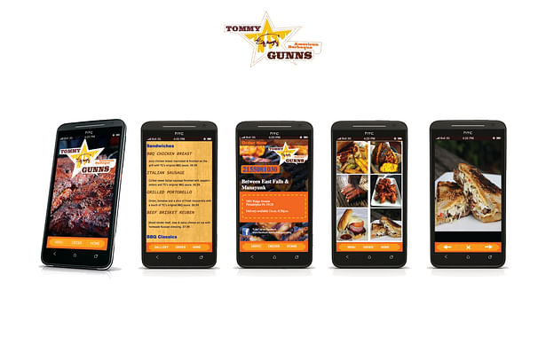 A mobile website designed for Tommy Gunns, a local barbeque eatery and catering business. The mobile website allows users to view the menu as well as specific dishes, and order their meal. 