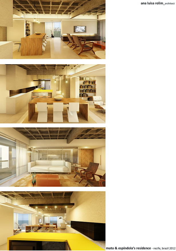 Interior views of living, dining and kitchen areas