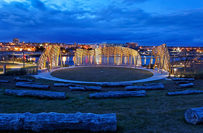 Gathering Circle overlooking downtown Thunder Bay at dusk