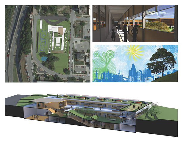 Top Left: Site plan. Top Right: Corridor render. Middle Right: Concept illustration. Bottom: Longitudinal section render, looking East.