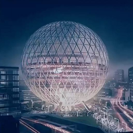 According to The Guardian, early designs for the enormous spherical music venue have been attributed to Populous as design architects. Image via The Guardian.