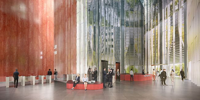 Lobby. A new 280-meter-tall tower in Singapore by BIG + Carlo Ratti Associati. Image credit: BIG