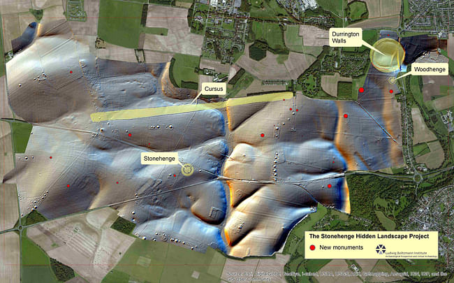 Aerial map of henges and stones (photo courtesy The Stonehenge Hidden Landscapes Project)