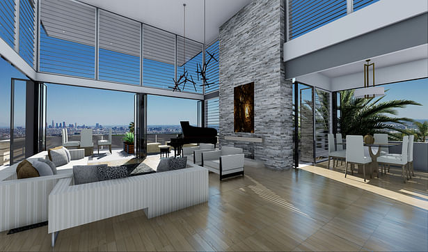 City scape view in Living room with extended ceiling windows in this magnificent Cantilever home