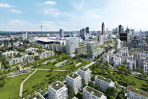 Aerial view of Frankfurt's proposed redeveloped downtown area with the Porsche Design Tower location in the right half of the image (black tower). Photo © Tjie Emptyform, © Aurelis