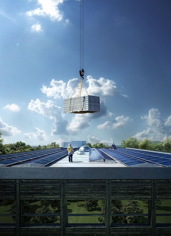 Rendering of solar panels being installed on the rooftop of a 1980s office building, as part of the changes made to convert it into a ‘powerhouse’, a building that produces more energy than its occupants consume. “As far as we know, no one has previously renovated an existing office building to this energy standard. This is unique, yet it is something anyone can do”, says Kjetil Thorsen, director and partner in the architectural firm. Project: Powerhouse Kjørbo in Sandvika by...