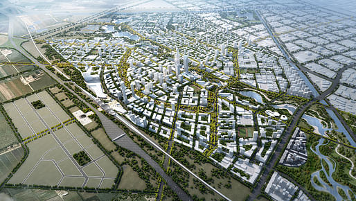 Aerial view of SOM's competition-winning Beijing Bohai Innovation City master plan (Image: SOM)