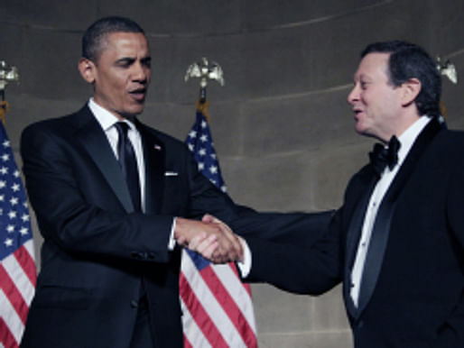 President Barack Obama, left, shakes hands with Thomas Pritzker on stage at the Pritzker Architecture Prize Even at Andrew Mellon Auditorium, Thursday, June 2, 2011, in Washington. (AP Photo/Carolyn Kaster) (Carolyn Kaster)