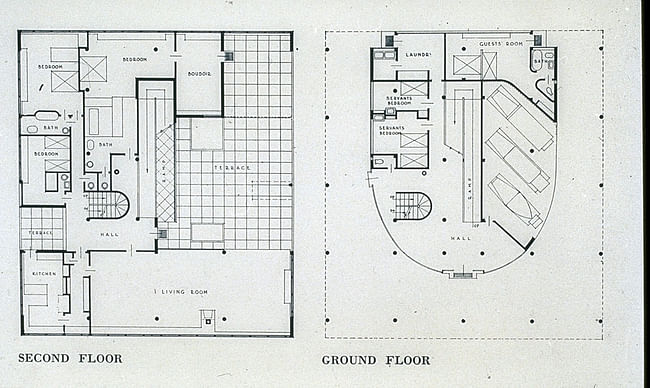 Villa Savoye, ground flr and second flr plans, servants quarters on ground flr with garage and laundry