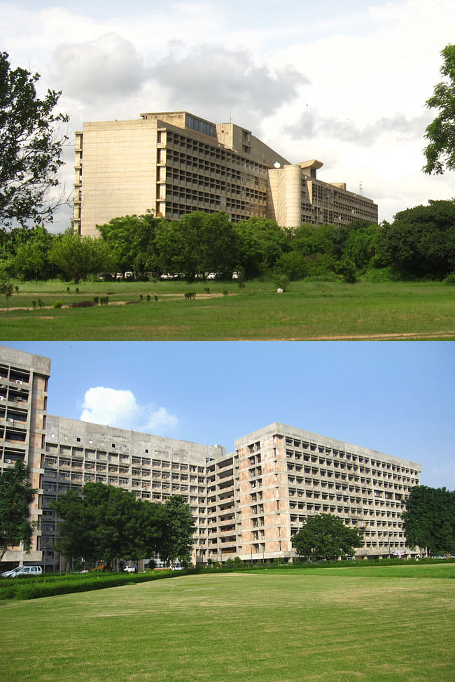 Top: Corbu's decency to break up the façade Bottom: A drab Gandhinagar 