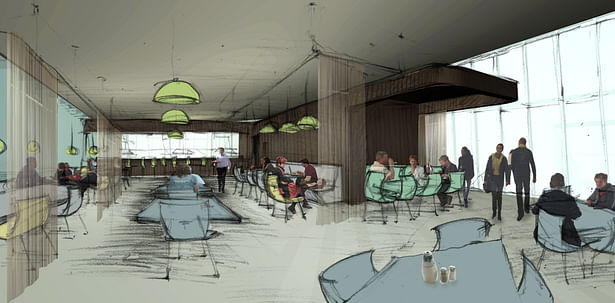 Rendering of the top floor cafe.