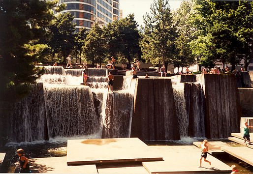 A 1995 photo of the Ira Keller Fountain, designed by Lawrence Halprin & Associates, in Portland, OR. Photo via Wikipedia.