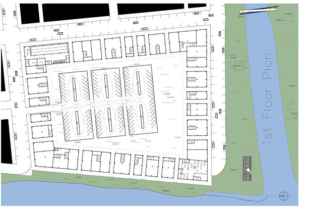 1st floor plan detailing the first level of parking as well as commercial spaces.