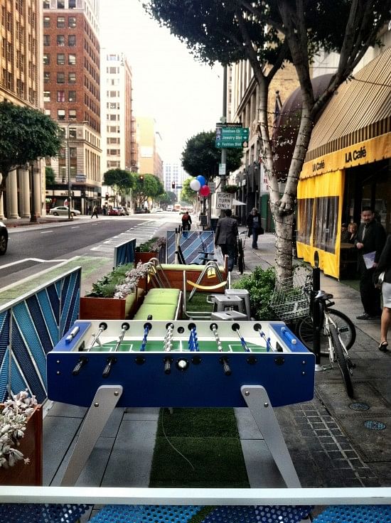 One of Los Angeles' first parklets, located on Spring St. in Downtown. Photo credit: Sam Lubell for the Architect's Newspaper.