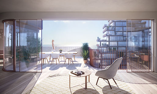 The easily openable façade allows for the living room to spill out onto the terrace during warmer weather. Credit: 3XN.