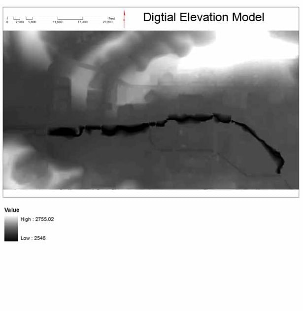 This is a plan view of the different elevation model that changes throughout the site. The white shows a higher elevation then the black which is the lowest point. This was to help me see which spots were lower than others. The stream is the lowest point on the area.
